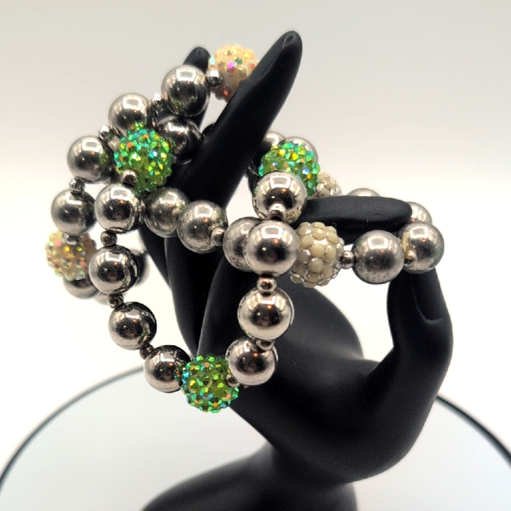 Three Elegant Silver and Green Beaded Bracelets